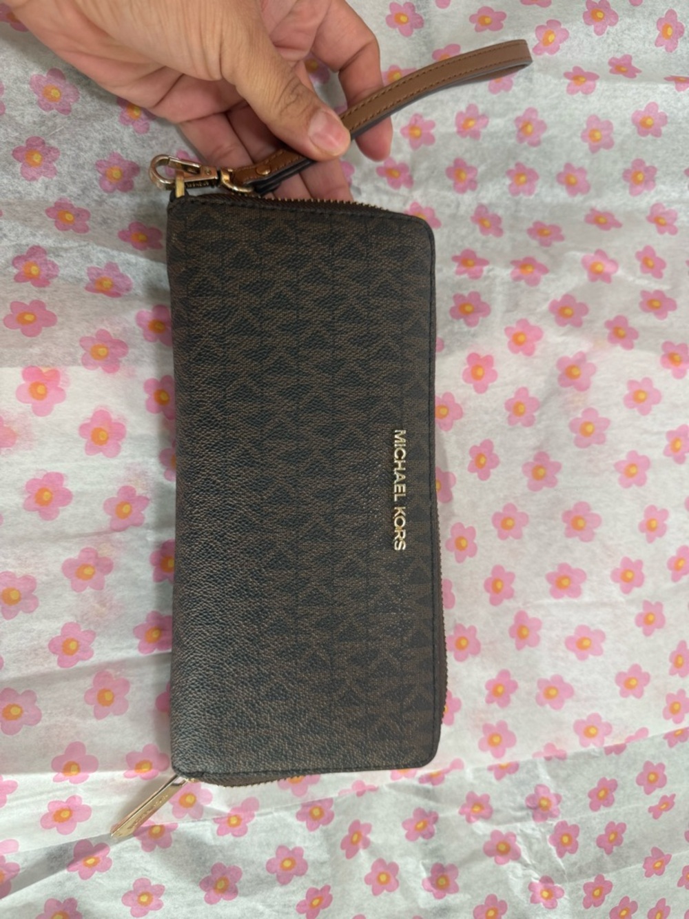 Michael Kors Brown and Tan Signature Zip Wristlet